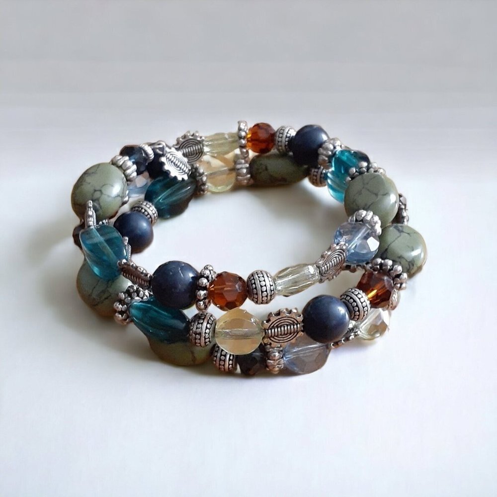 Mixed Media 3 Layer Memory Wire Bracelet Alternat… - image 8